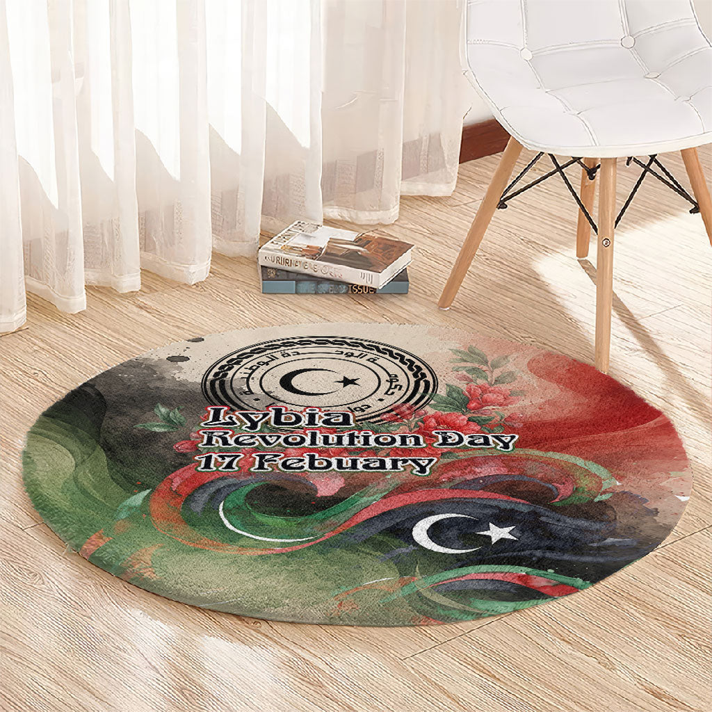 Libya Revolution Day Round Carpet Libyan National Pride Watercolor Flag Waves Floral