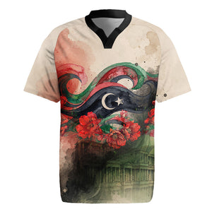 Libya Revolution Day Rugby Jersey Libyan National Pride Watercolor Flag Waves Floral