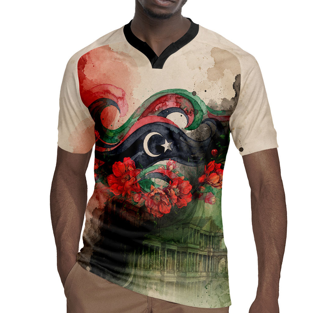Libya Revolution Day Rugby Jersey Libyan National Pride Watercolor Flag Waves Floral