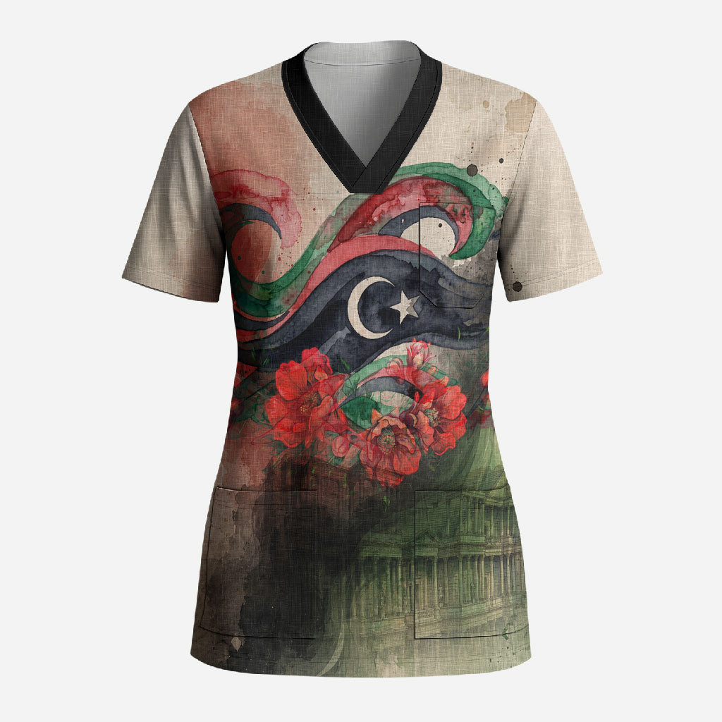 Libya Revolution Day Scrub Top Libyan National Pride Watercolor Flag Waves Floral