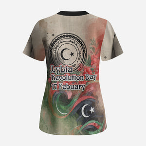 Libya Revolution Day Scrub Top Libyan National Pride Watercolor Flag Waves Floral
