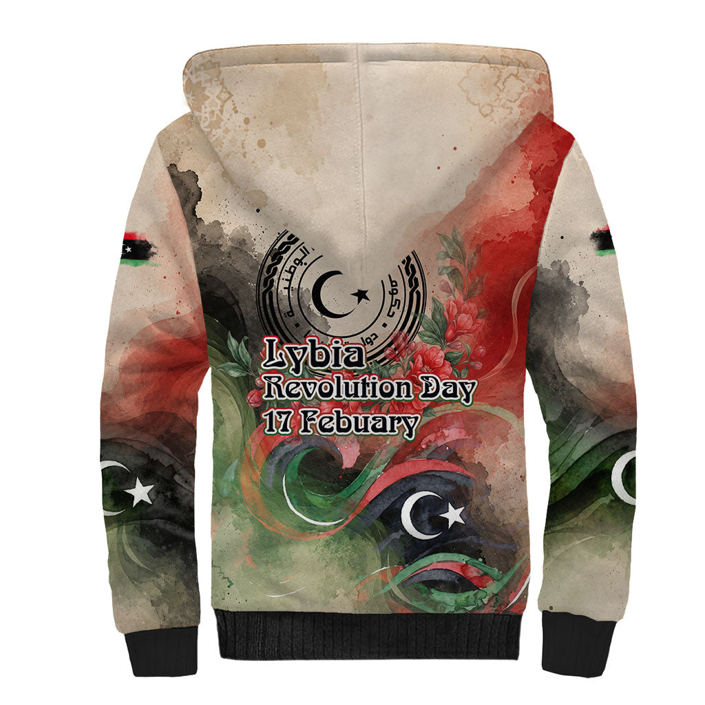 Libya Revolution Day Sherpa Hoodie Libyan National Pride Watercolor Flag Waves Floral