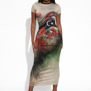 Libya Revolution Day Short Sleeve Bodycon Dress Libyan National Pride Watercolor Flag Waves Floral
