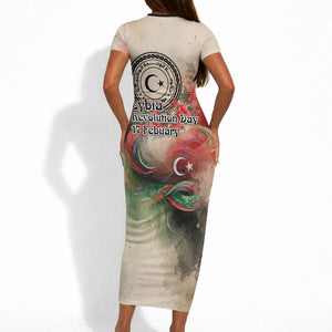 Libya Revolution Day Short Sleeve Bodycon Dress Libyan National Pride Watercolor Flag Waves Floral