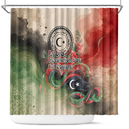 Libya Revolution Day Shower Curtain Libyan National Pride Watercolor Flag Waves Floral