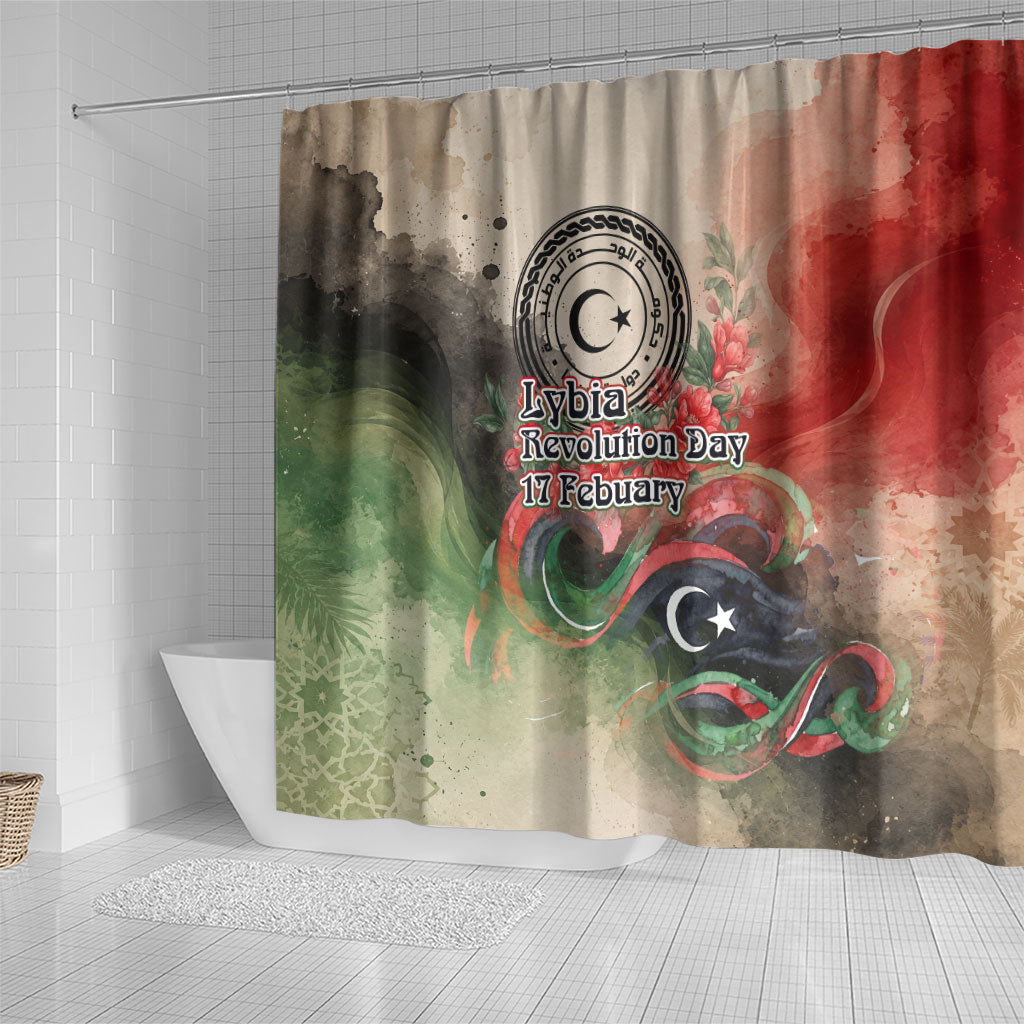 Libya Revolution Day Shower Curtain Libyan National Pride Watercolor Flag Waves Floral
