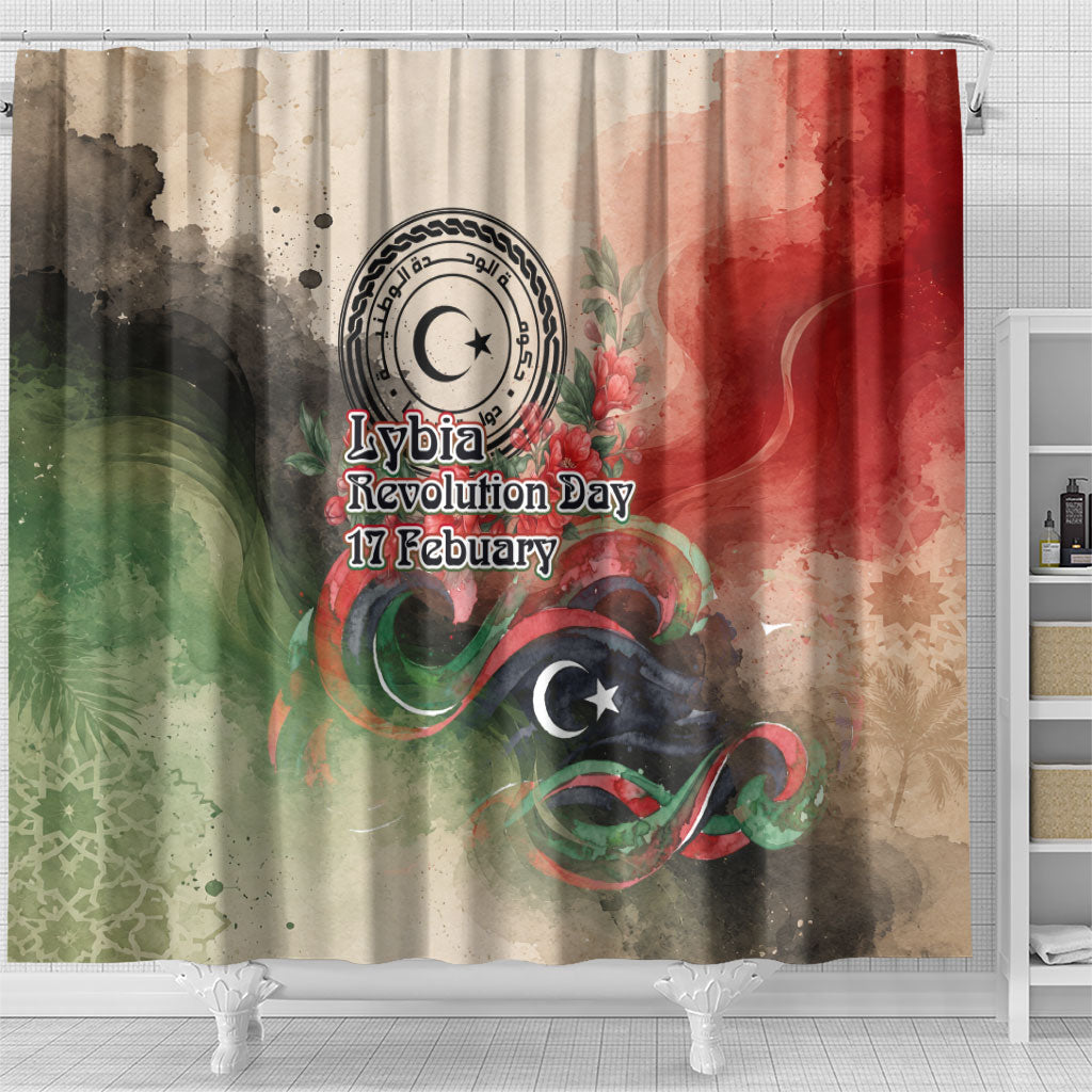 Libya Revolution Day Shower Curtain Libyan National Pride Watercolor Flag Waves Floral
