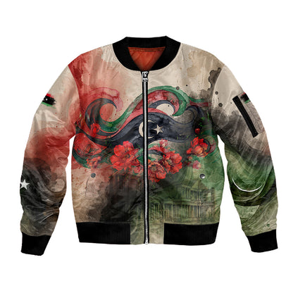 Libya Revolution Day Sleeve Zip Bomber Jacket Libyan National Pride Watercolor Flag Waves Floral