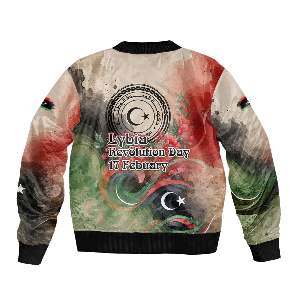 Libya Revolution Day Sleeve Zip Bomber Jacket Libyan National Pride Watercolor Flag Waves Floral