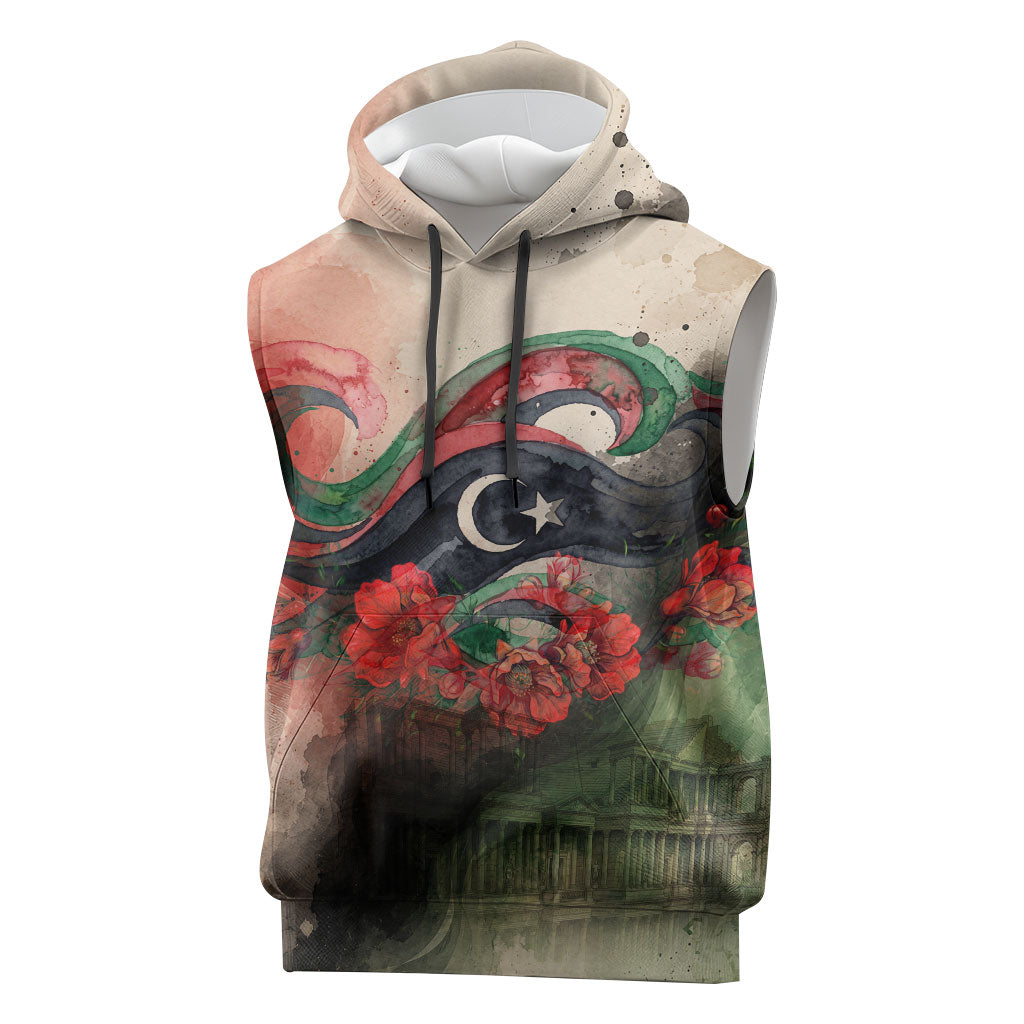 Libya Revolution Day Sleeveless Hoodie Libyan National Pride Watercolor Flag Waves Floral