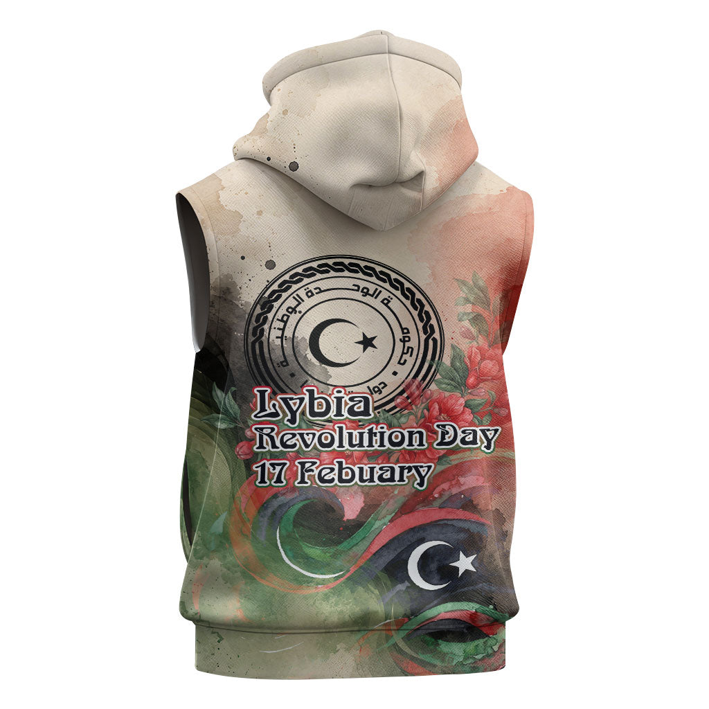 Libya Revolution Day Sleeveless Hoodie Libyan National Pride Watercolor Flag Waves Floral
