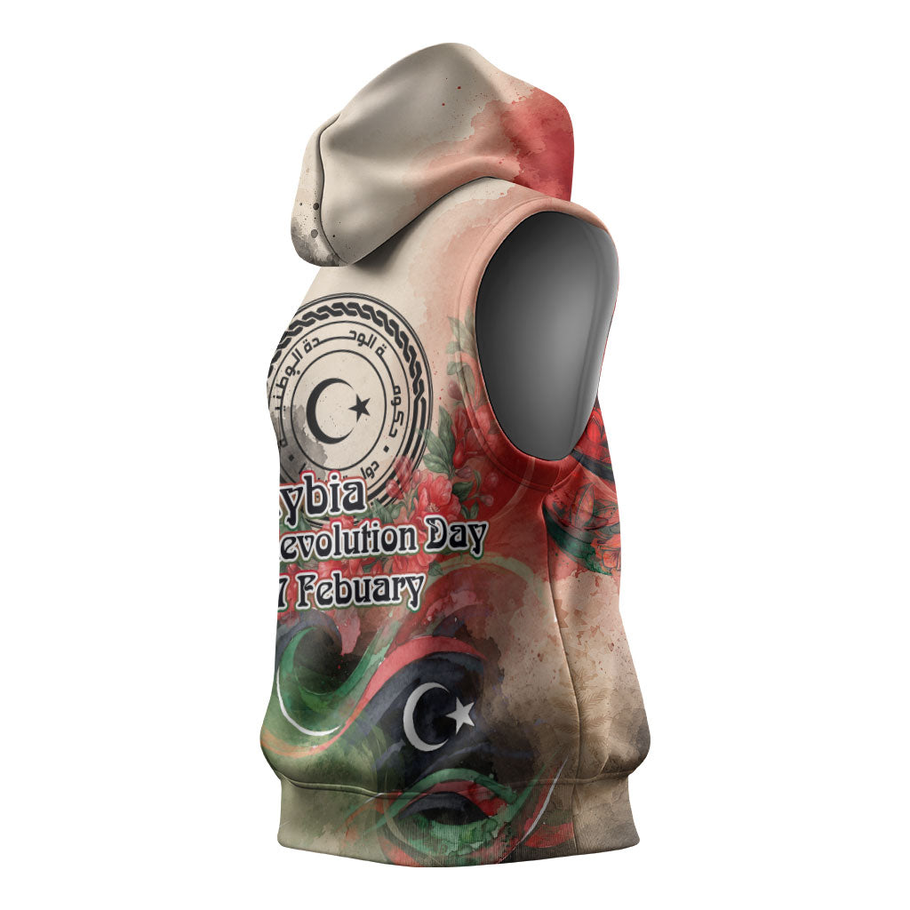 Libya Revolution Day Sleeveless Hoodie Libyan National Pride Watercolor Flag Waves Floral