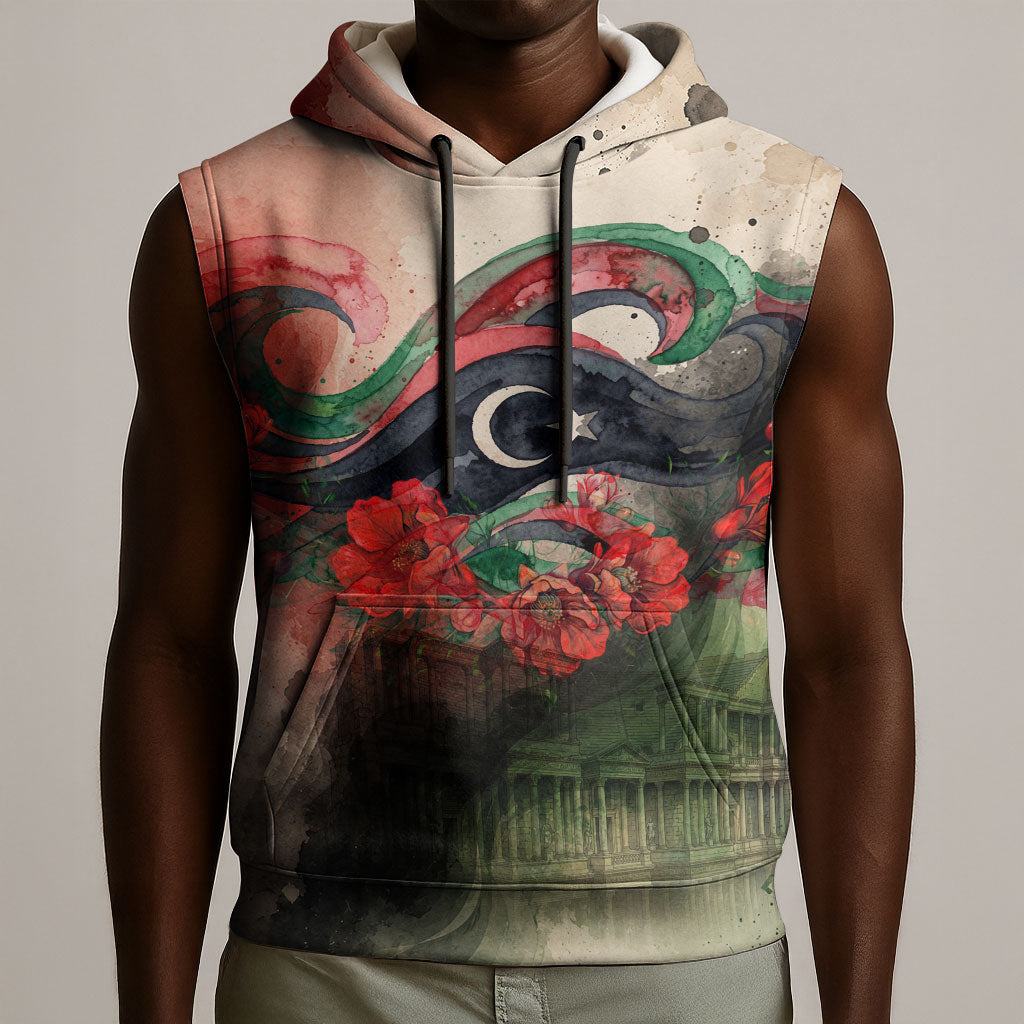 Libya Revolution Day Sleeveless Hoodie Libyan National Pride Watercolor Flag Waves Floral