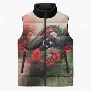 Libya Revolution Day Sleeveless Puffer Jacket Libyan National Pride Watercolor Flag Waves Floral
