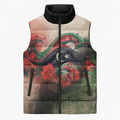 Libya Revolution Day Sleeveless Puffer Jacket Libyan National Pride Watercolor Flag Waves Floral