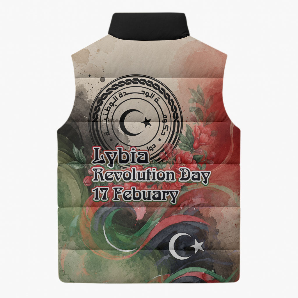Libya Revolution Day Sleeveless Puffer Jacket Libyan National Pride Watercolor Flag Waves Floral