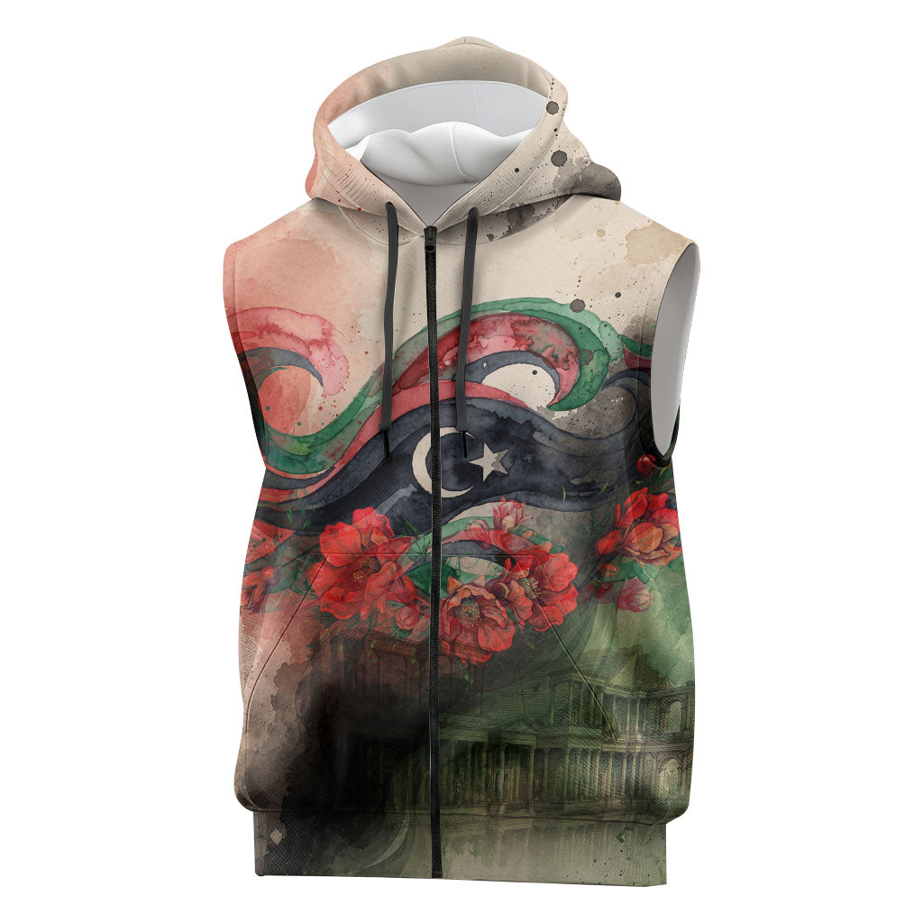 Libya Revolution Day Sleeveless Zip Hoodie Libyan National Pride Watercolor Flag Waves Floral