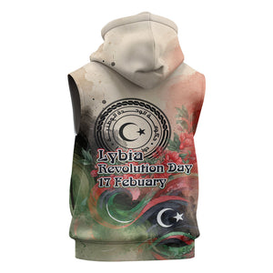 Libya Revolution Day Sleeveless Zip Hoodie Libyan National Pride Watercolor Flag Waves Floral