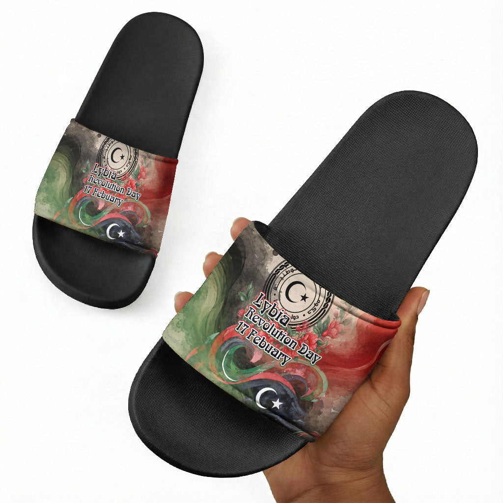 Libya Revolution Day Slide Sandals Libyan National Pride Watercolor Flag Waves Floral