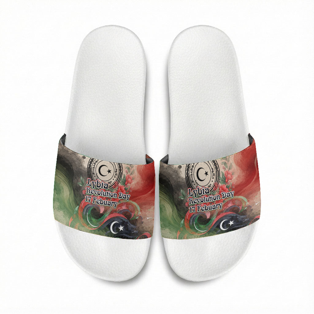 Libya Revolution Day Slide Sandals Libyan National Pride Watercolor Flag Waves Floral