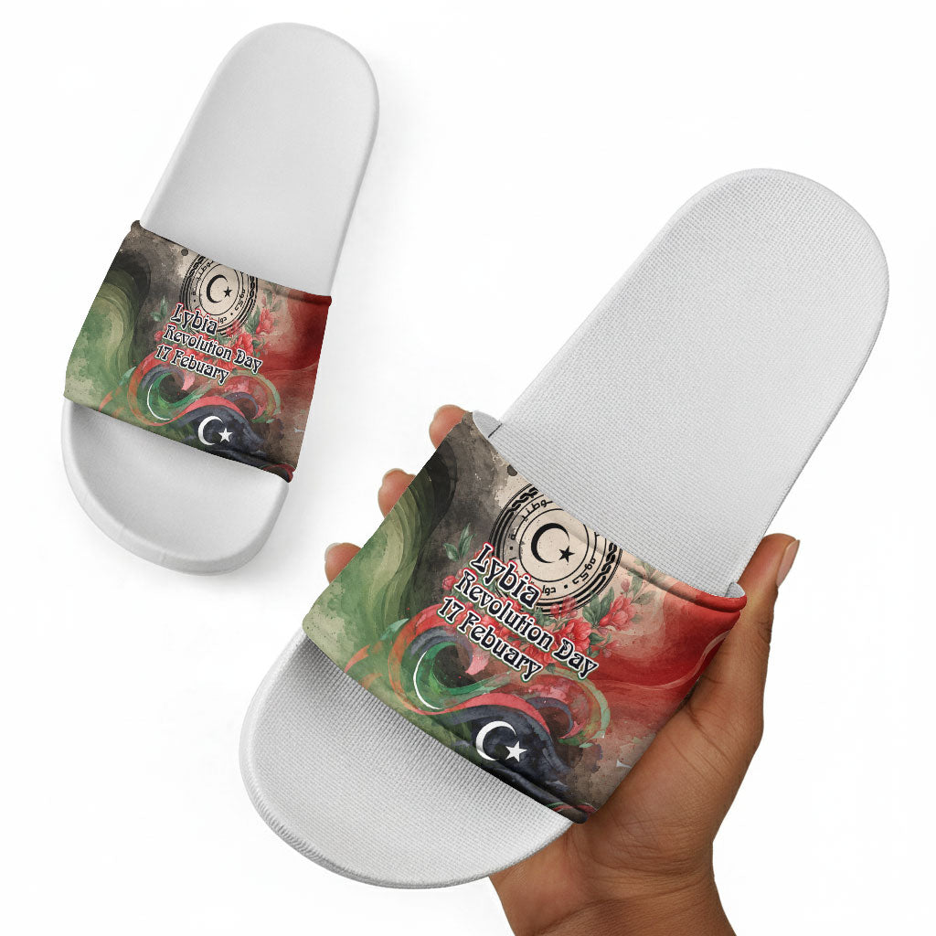Libya Revolution Day Slide Sandals Libyan National Pride Watercolor Flag Waves Floral