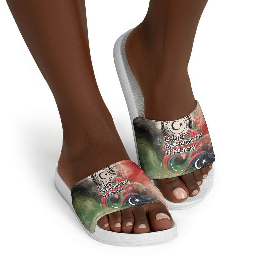 Libya Revolution Day Slide Sandals Libyan National Pride Watercolor Flag Waves Floral