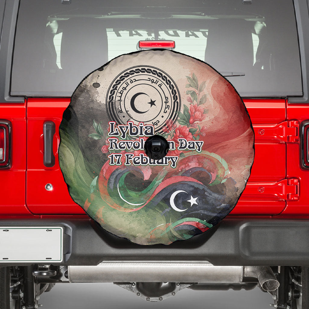 Libya Revolution Day Spare Tire Cover Libyan National Pride Watercolor Flag Waves Floral
