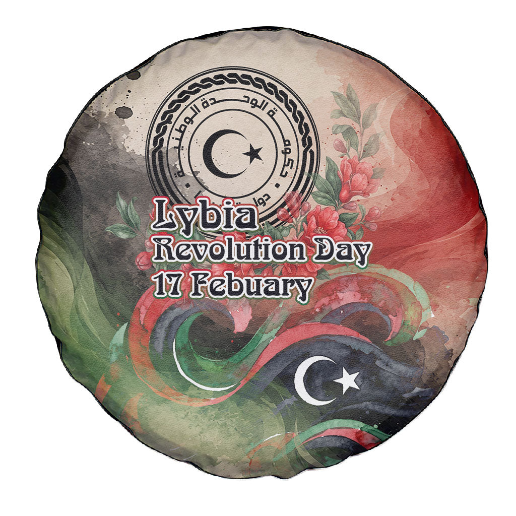 Libya Revolution Day Spare Tire Cover Libyan National Pride Watercolor Flag Waves Floral