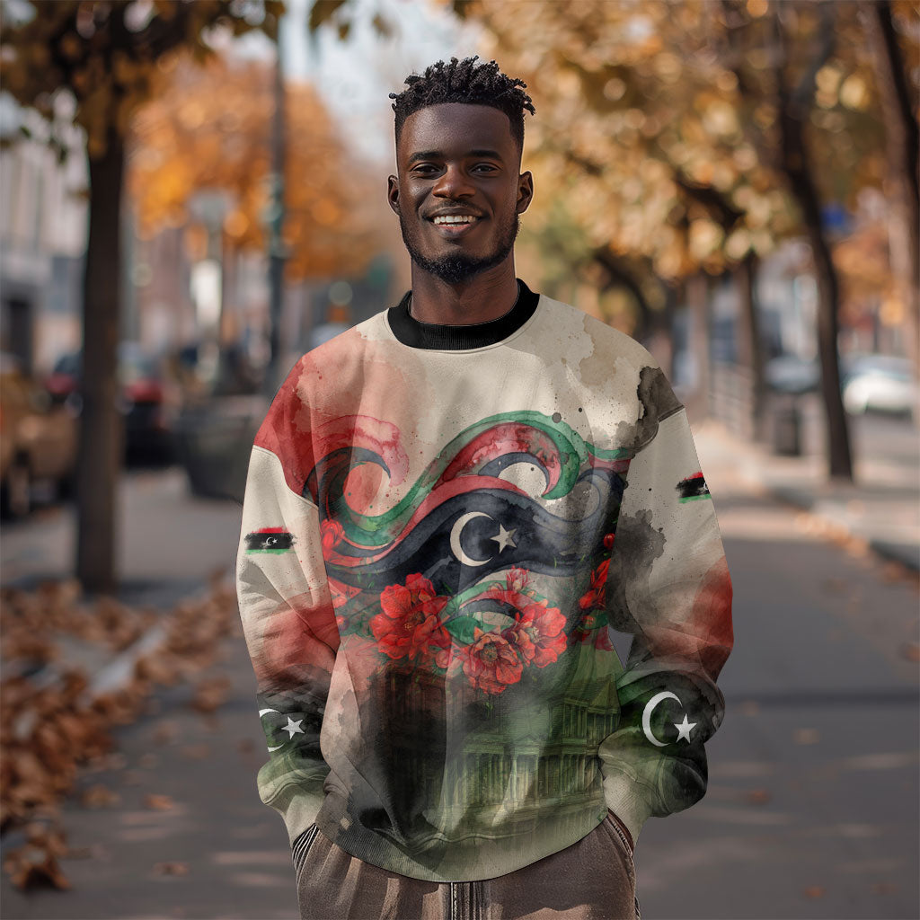 Libya Revolution Day Sweatshirt Libyan National Pride Watercolor Flag Waves Floral