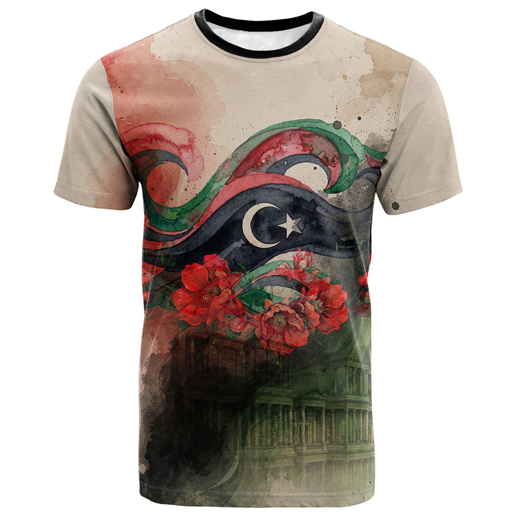 Libya Revolution Day T shirt Libyan National Pride Watercolor Flag Waves Floral