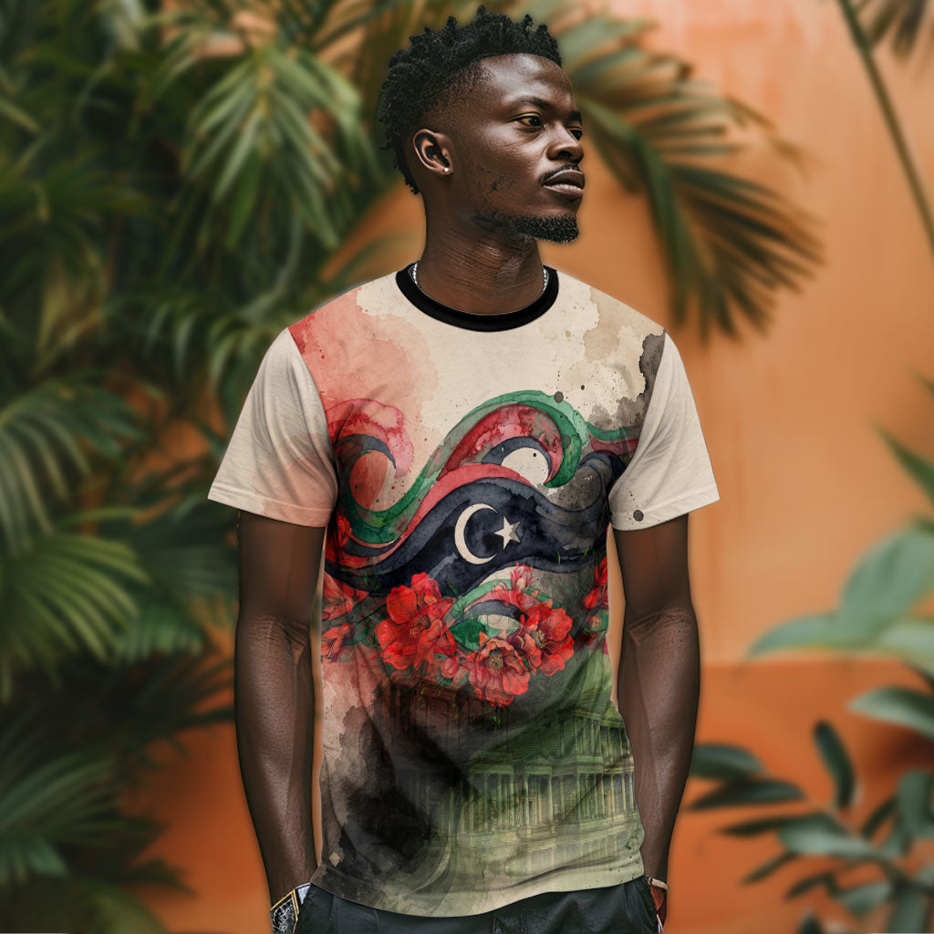 Libya Revolution Day T shirt Libyan National Pride Watercolor Flag Waves Floral