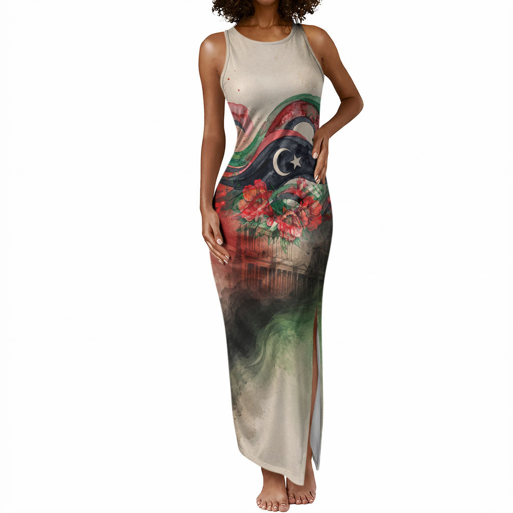 Libya Revolution Day Tank Maxi Dress Libyan National Pride Watercolor Flag Waves Floral