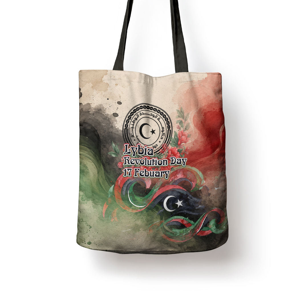 Libya Revolution Day Tote Bag Libyan National Pride Watercolor Flag Waves Floral