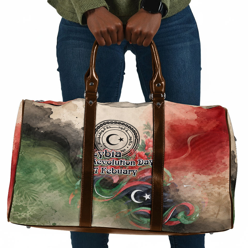 Libya Revolution Day Travel Bag Libyan National Pride Watercolor Flag Waves Floral