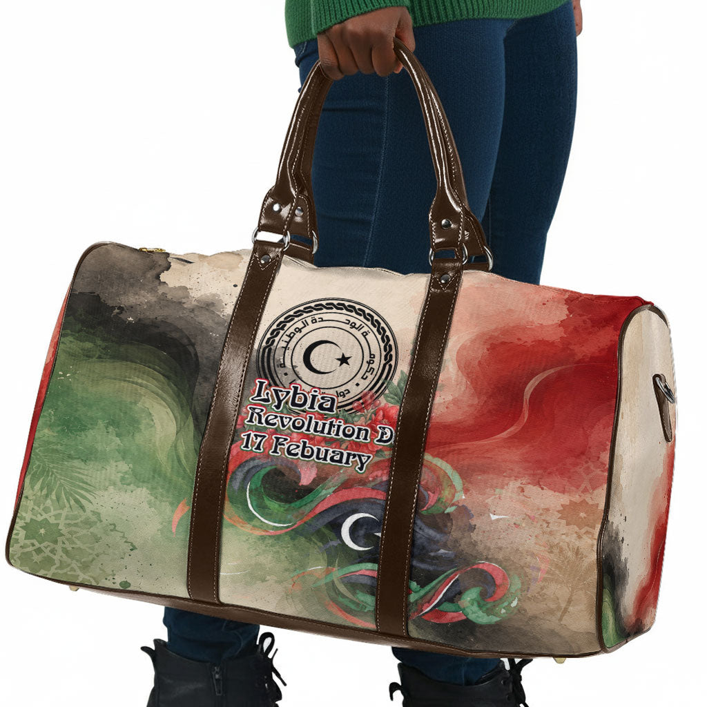 Libya Revolution Day Travel Bag Libyan National Pride Watercolor Flag Waves Floral