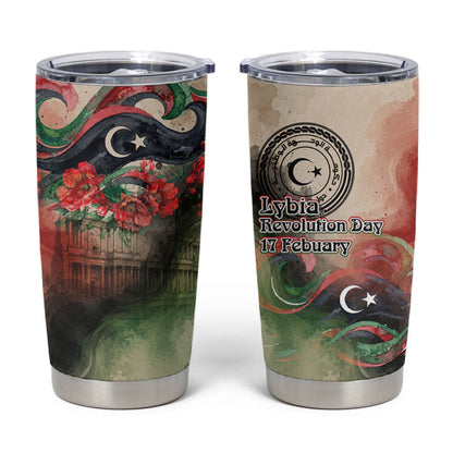 Libya Revolution Day Tumbler Cup Libyan National Pride Watercolor Flag Waves Floral