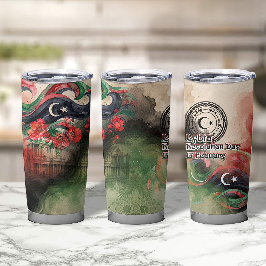 Libya Revolution Day Tumbler Cup Libyan National Pride Watercolor Flag Waves Floral
