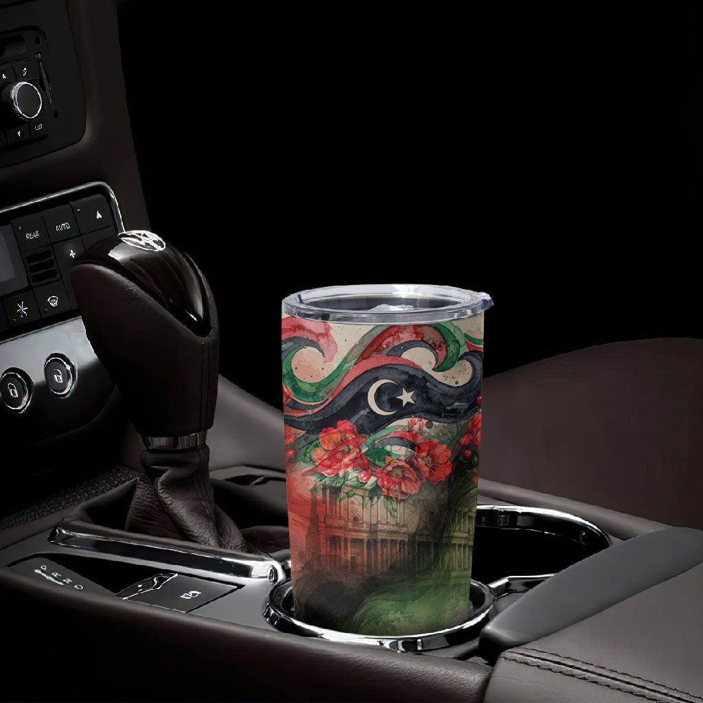 Libya Revolution Day Tumbler Cup Libyan National Pride Watercolor Flag Waves Floral