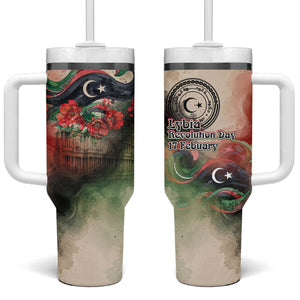 Libya Revolution Day Tumbler With Handle Libyan National Pride Watercolor Flag Waves Floral