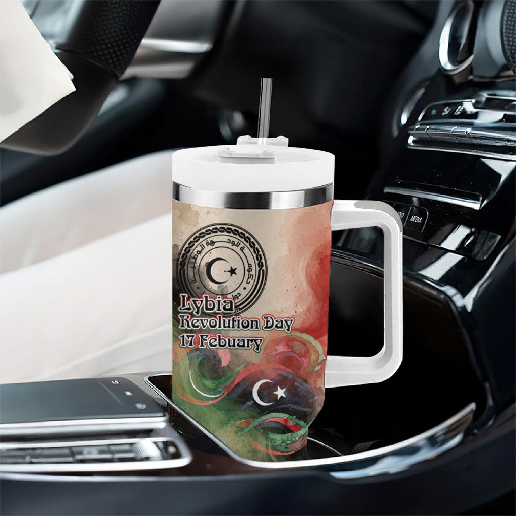 Libya Revolution Day Tumbler With Handle Libyan National Pride Watercolor Flag Waves Floral