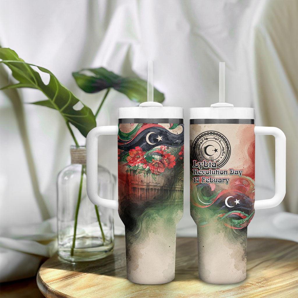 Libya Revolution Day Tumbler With Handle Libyan National Pride Watercolor Flag Waves Floral
