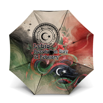 Libya Revolution Day Umbrella Libyan National Pride Watercolor Flag Waves Floral