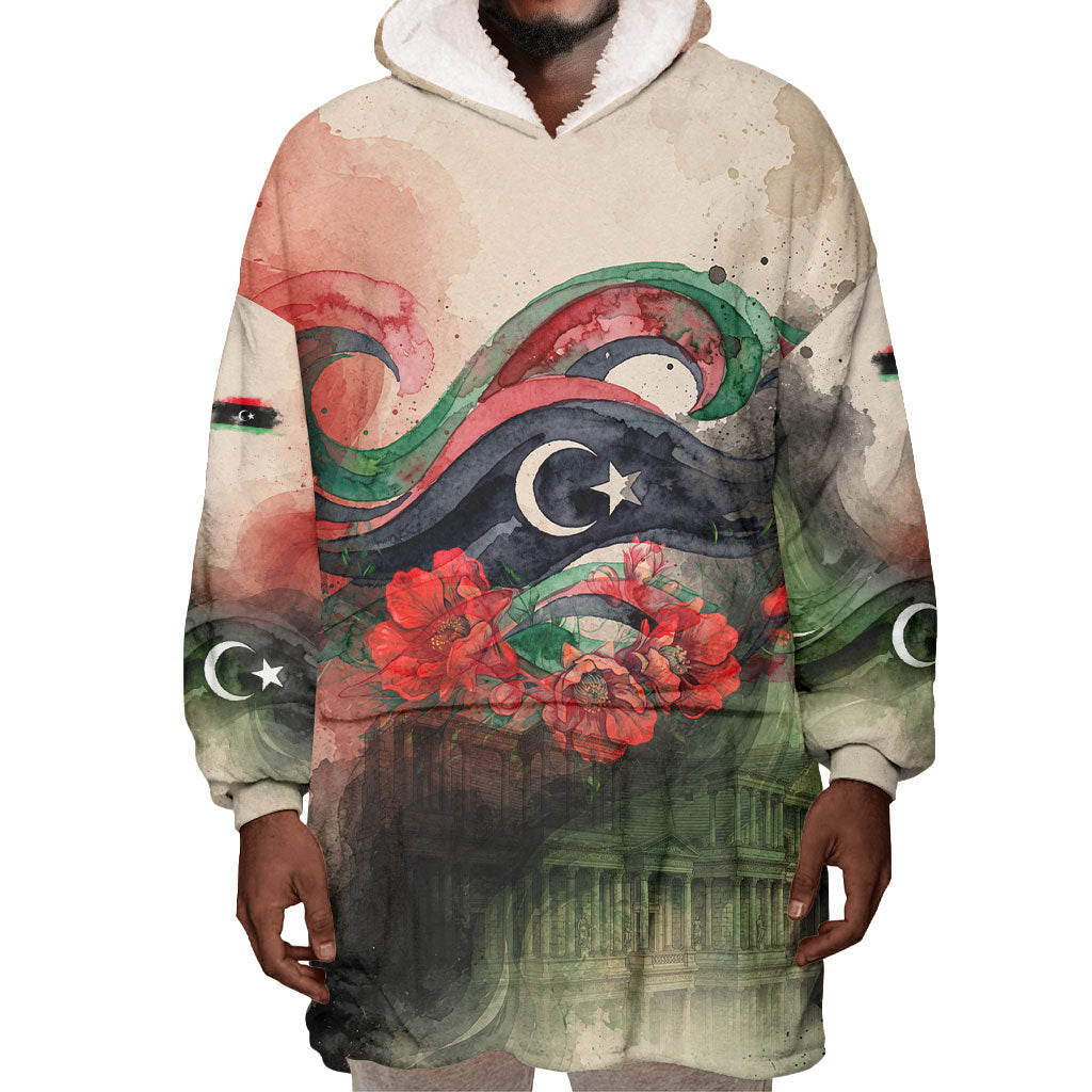 Libya Revolution Day Wearable Blanket Hoodie Libyan National Pride Watercolor Flag Waves Floral