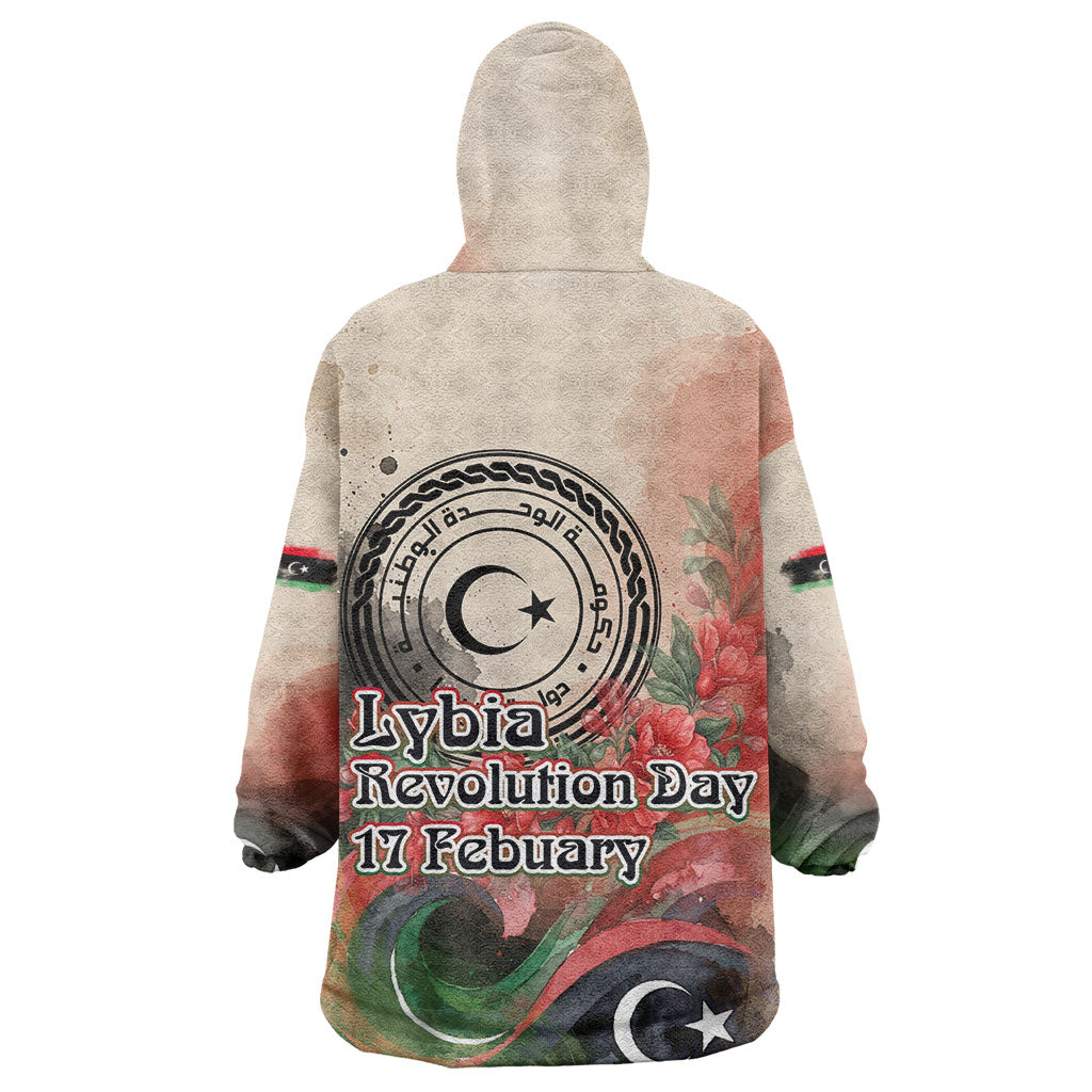 Libya Revolution Day Wearable Blanket Hoodie Libyan National Pride Watercolor Flag Waves Floral