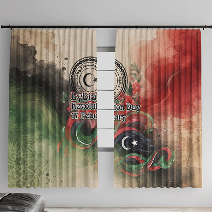 Libya Revolution Day Window Curtain Libyan National Pride Watercolor Flag Waves Floral