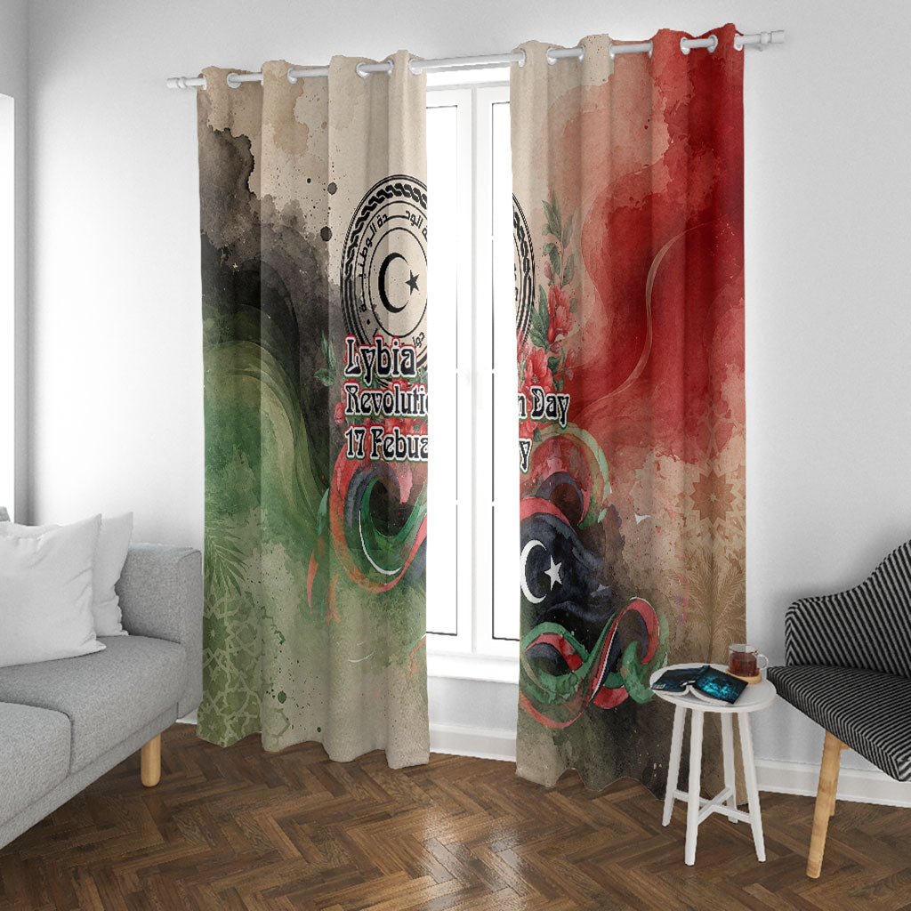 Libya Revolution Day Window Curtain Libyan National Pride Watercolor Flag Waves Floral