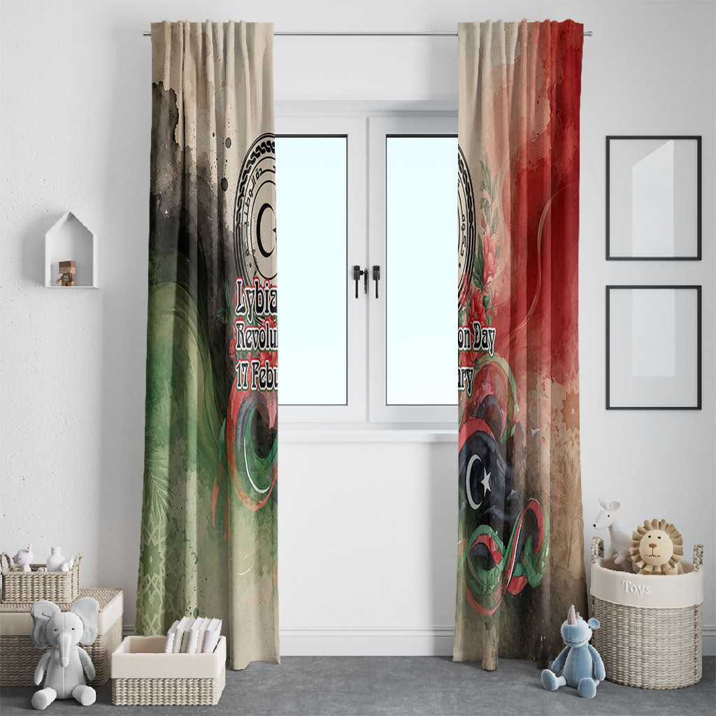 Libya Revolution Day Window Curtain Libyan National Pride Watercolor Flag Waves Floral