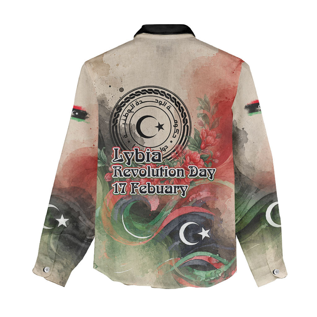 Libya Revolution Day Women Casual Shirt Libyan National Pride Watercolor Flag Waves Floral