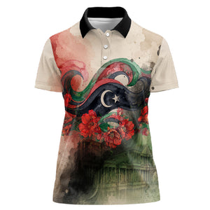 Libya Revolution Day Women Polo Shirt Libyan National Pride Watercolor Flag Waves Floral