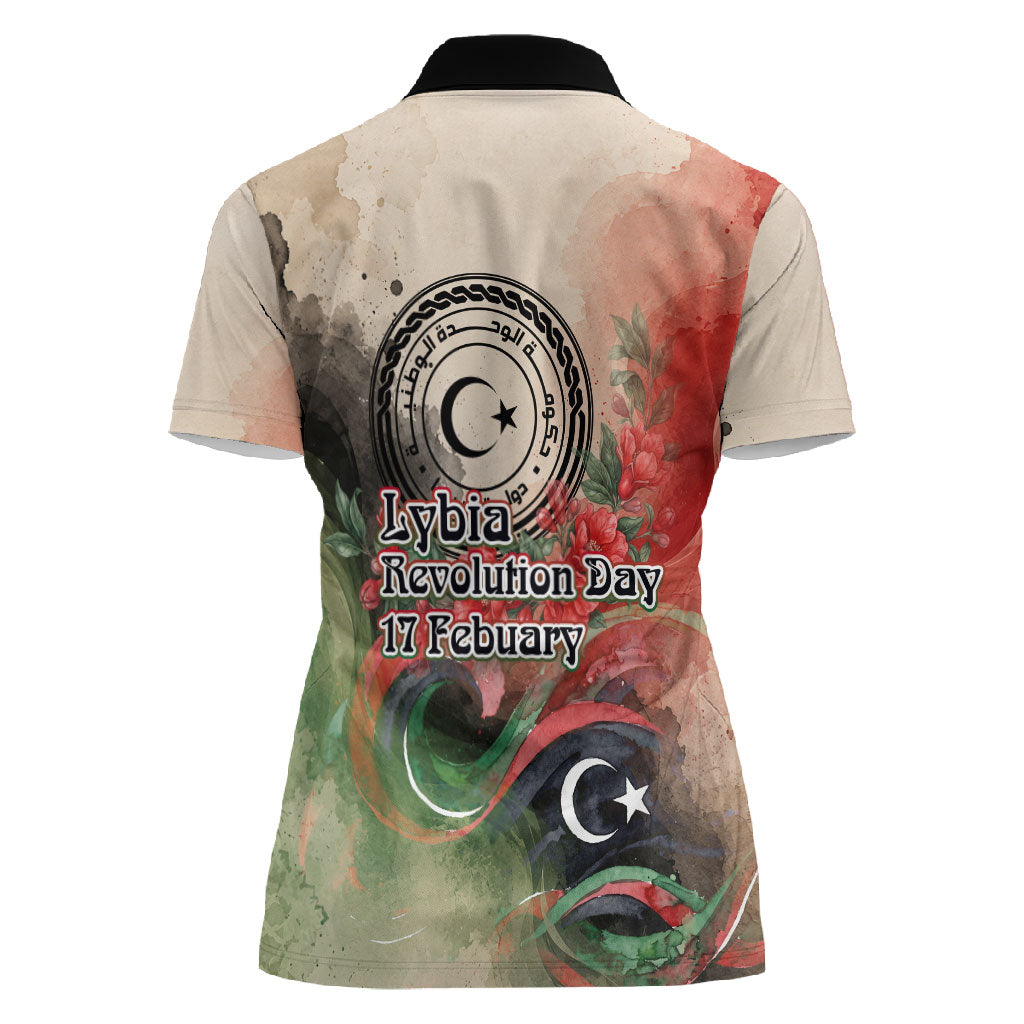 Libya Revolution Day Women Polo Shirt Libyan National Pride Watercolor Flag Waves Floral